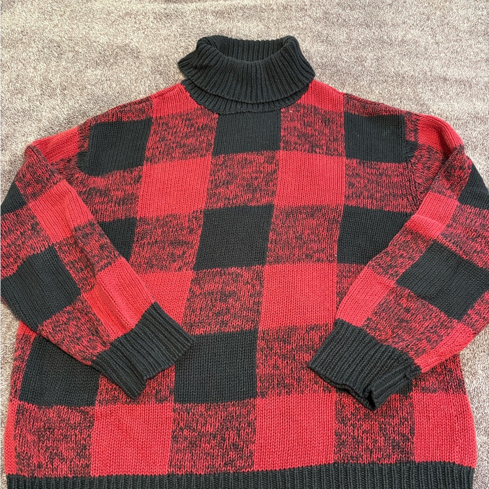 Coldwater Creek Red and Black Plaid Turtleneck Sweater